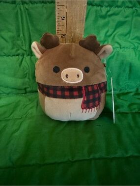 #1373 Squishmallow-style Brown Moose Plush with Plaid Scarf NWT